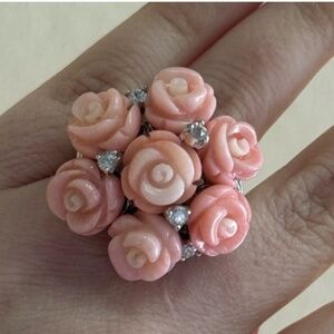 Carol Brodie Rarities Sterling Silver Multi Carved Pink Coral Roses Topaz Ring 8